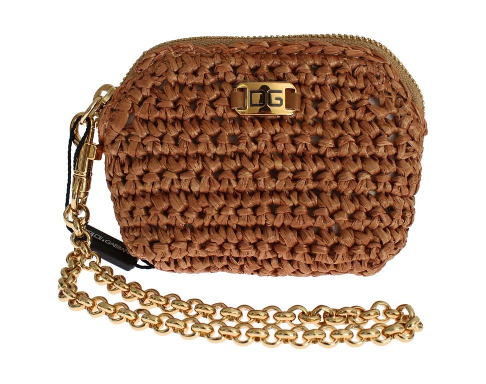 Beige Raffia Chain Wristlet Clutch Wallet Bag