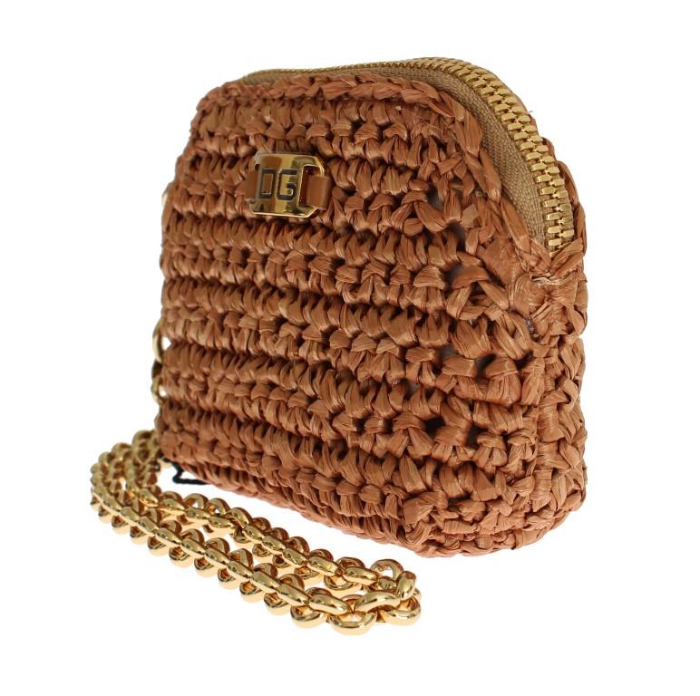 Beige Raffia Chain Wristlet Clutch Wallet Bag