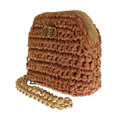 Beige Raffia Chain Wristlet Clutch Wallet Bag