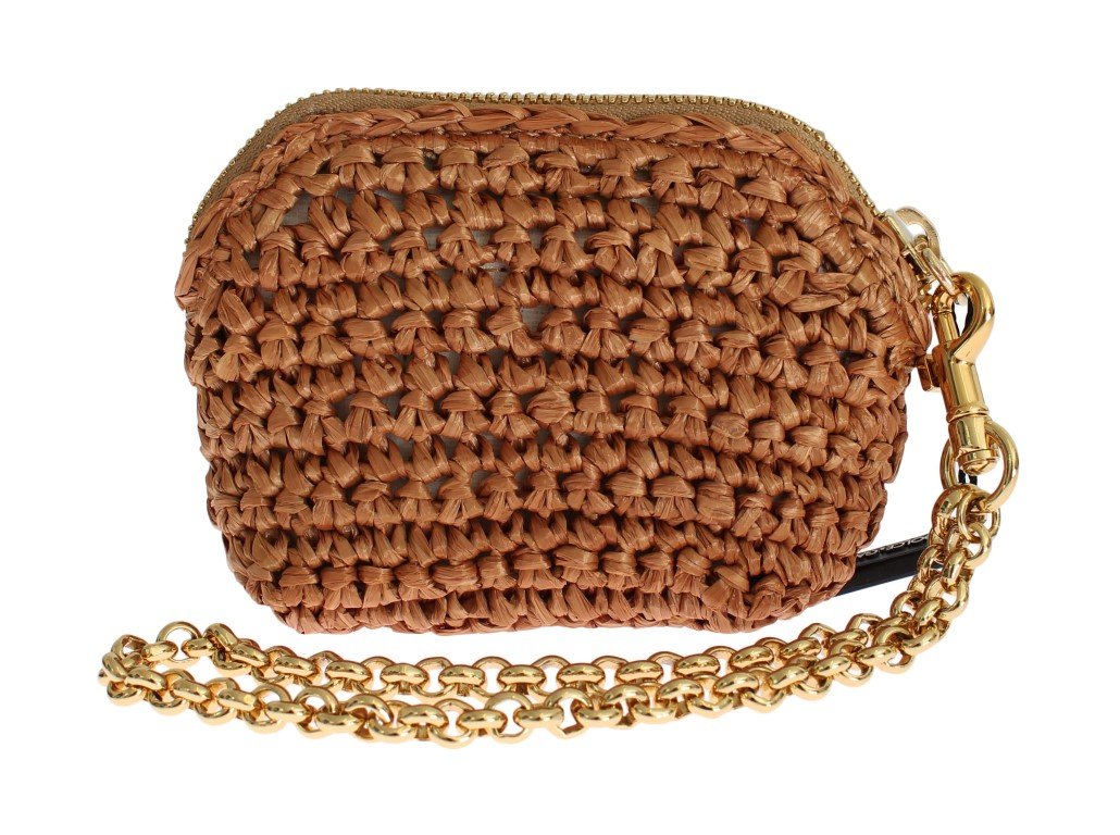 Beige Raffia Chain Wristlet Clutch Wallet Bag