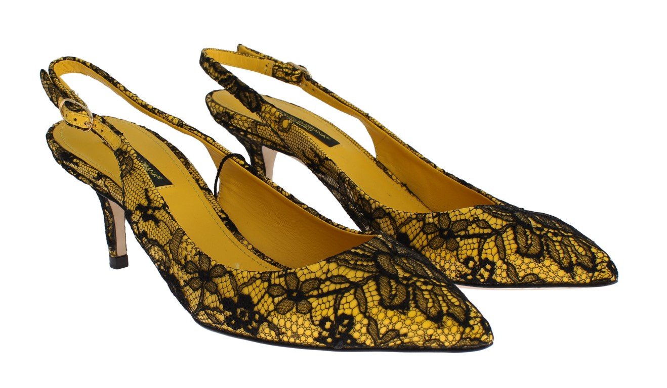 Yellow Leather Black Lace Slingbacks Shoes