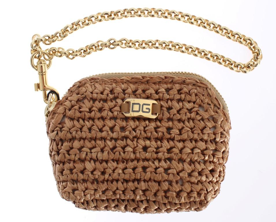 Beige Raffia Chain Wristlet Clutch Wallet Bag