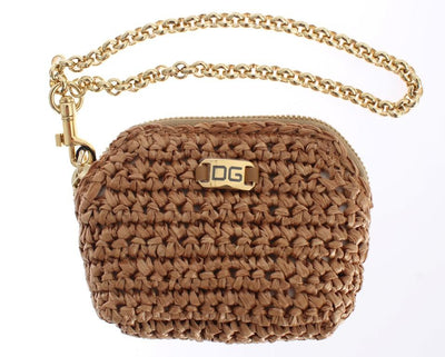 Beige Raffia Chain Wristlet Clutch Wallet Bag