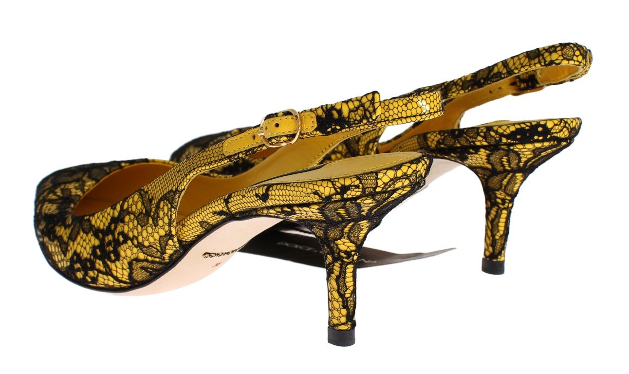 Yellow Leather Black Lace Slingbacks Shoes