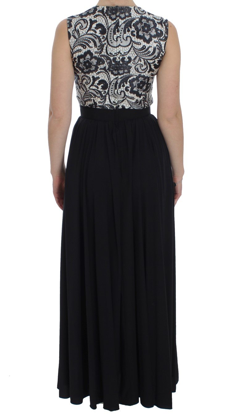 Black Floral Silk Empire Maxi Long Dress