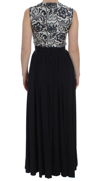 Black Floral Silk Empire Maxi Long Dress