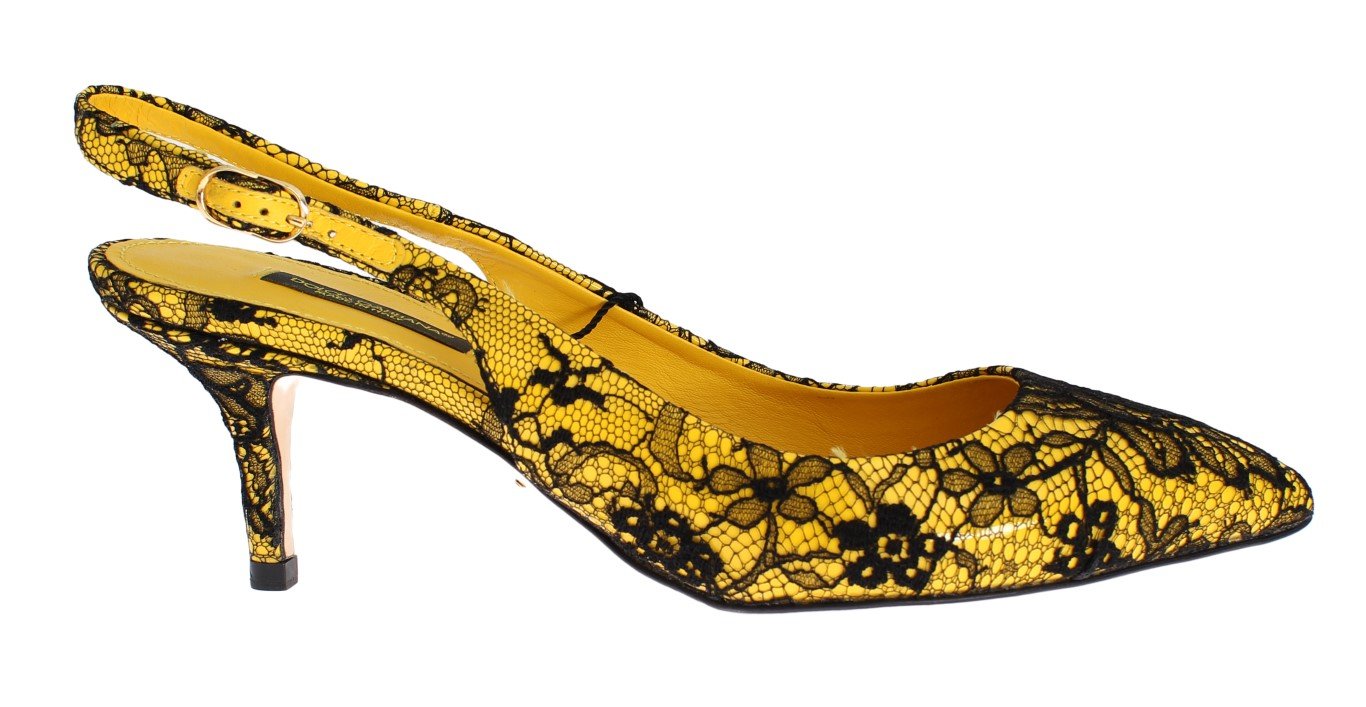 Yellow Leather Black Lace Slingbacks Shoes