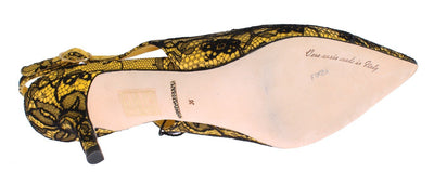 Yellow Leather Black Lace Slingbacks Shoes