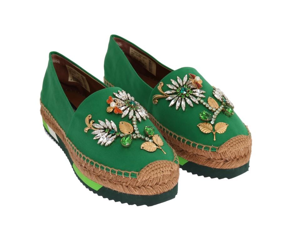 Green Silk Raso Crystal Espadrilles Shoes