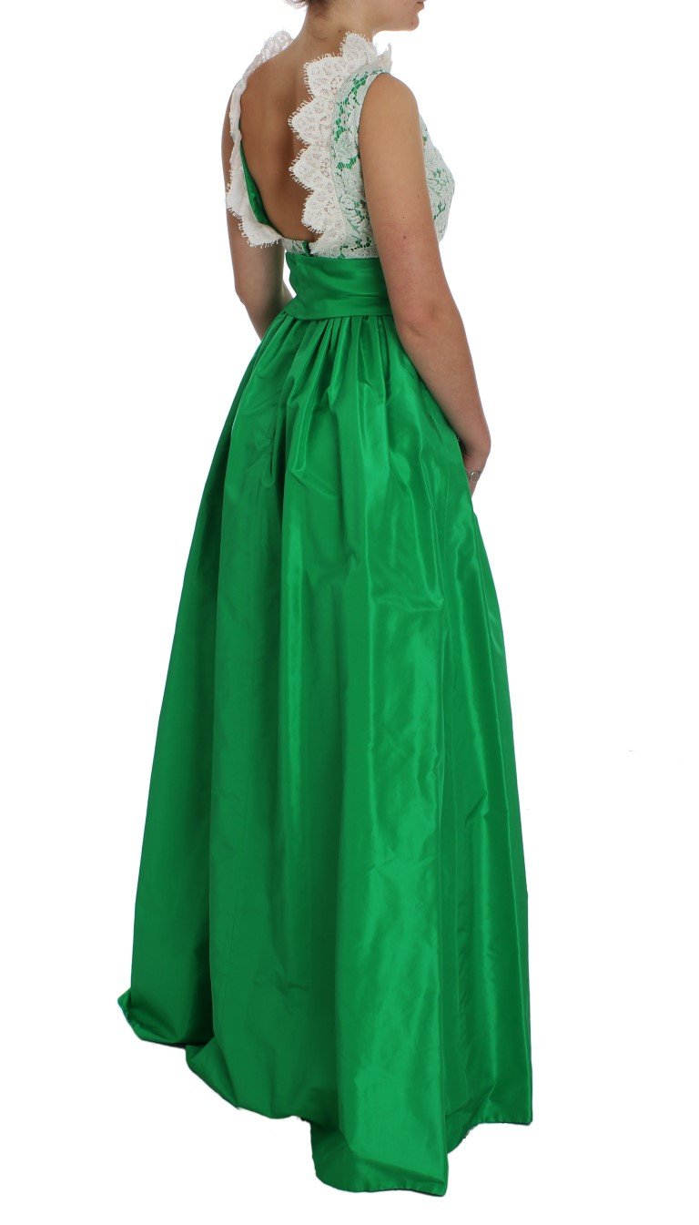 Green White Lace Silk Princess Maxi Dress