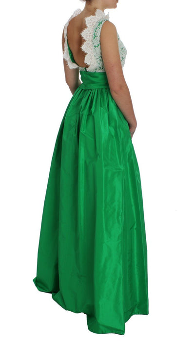 Green White Lace Silk Princess Maxi Dress