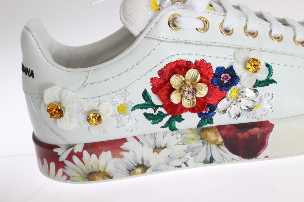 White Leather Floral Crystal Sneakers