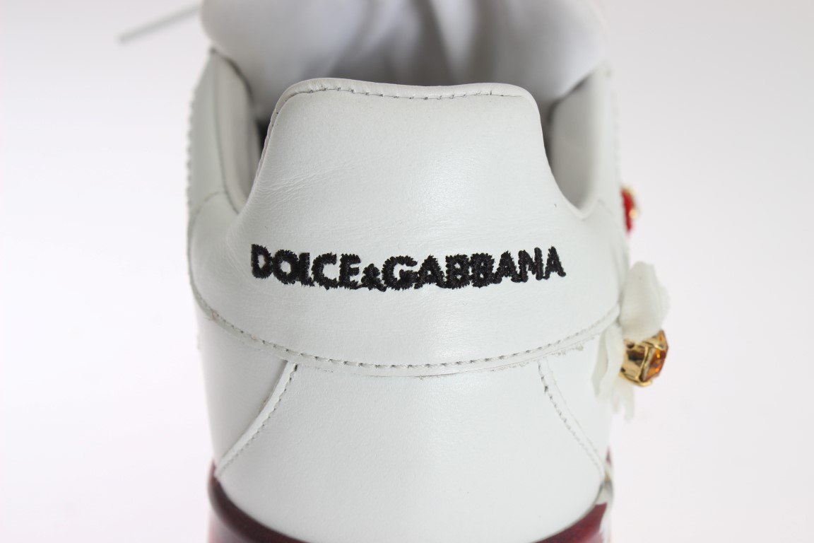 White Leather Floral Crystal Sneakers