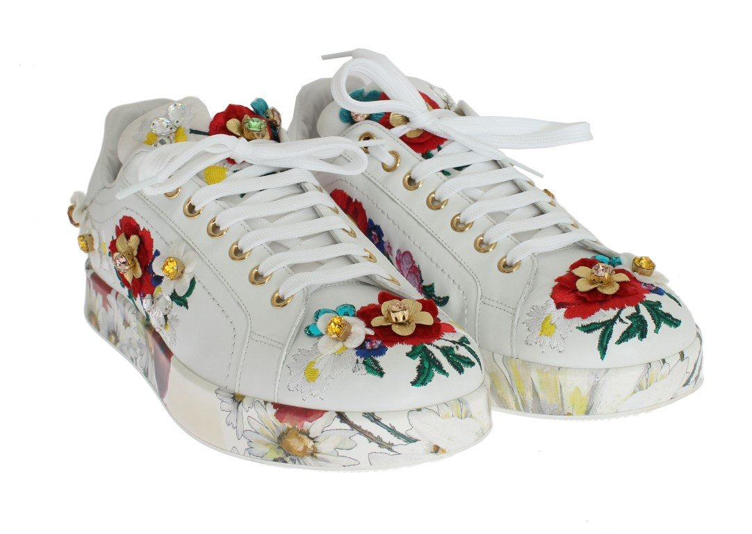 White Leather Floral Crystal Sneakers