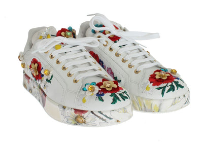 White Leather Floral Crystal Sneakers
