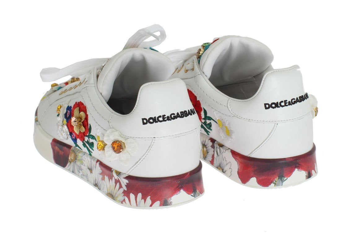 White Leather Floral Crystal Sneakers
