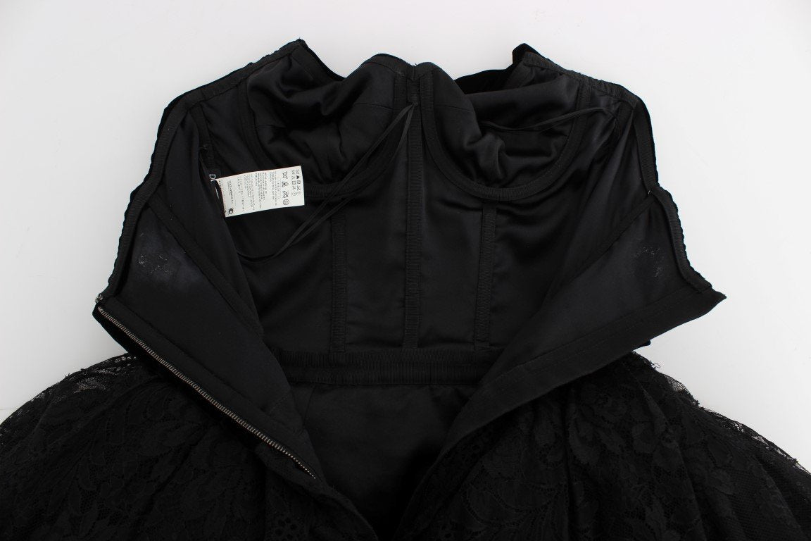 Black Floral Lace Corset Pouf Ball Dress