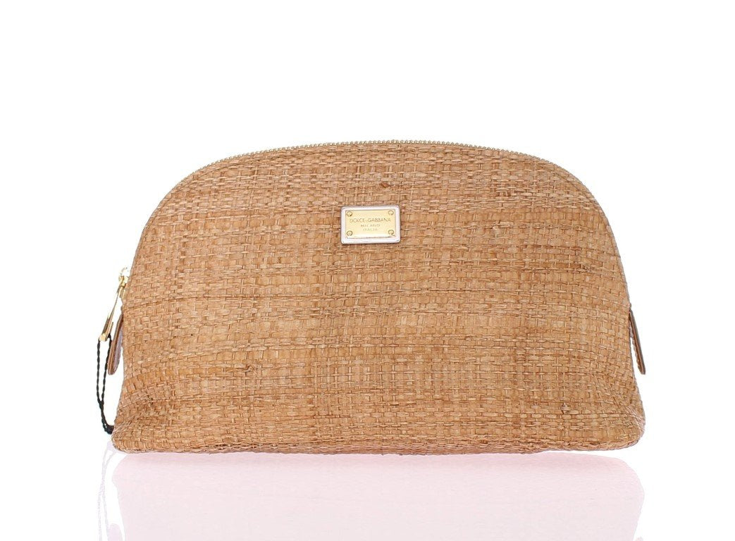 Beige woven cosmetic bag