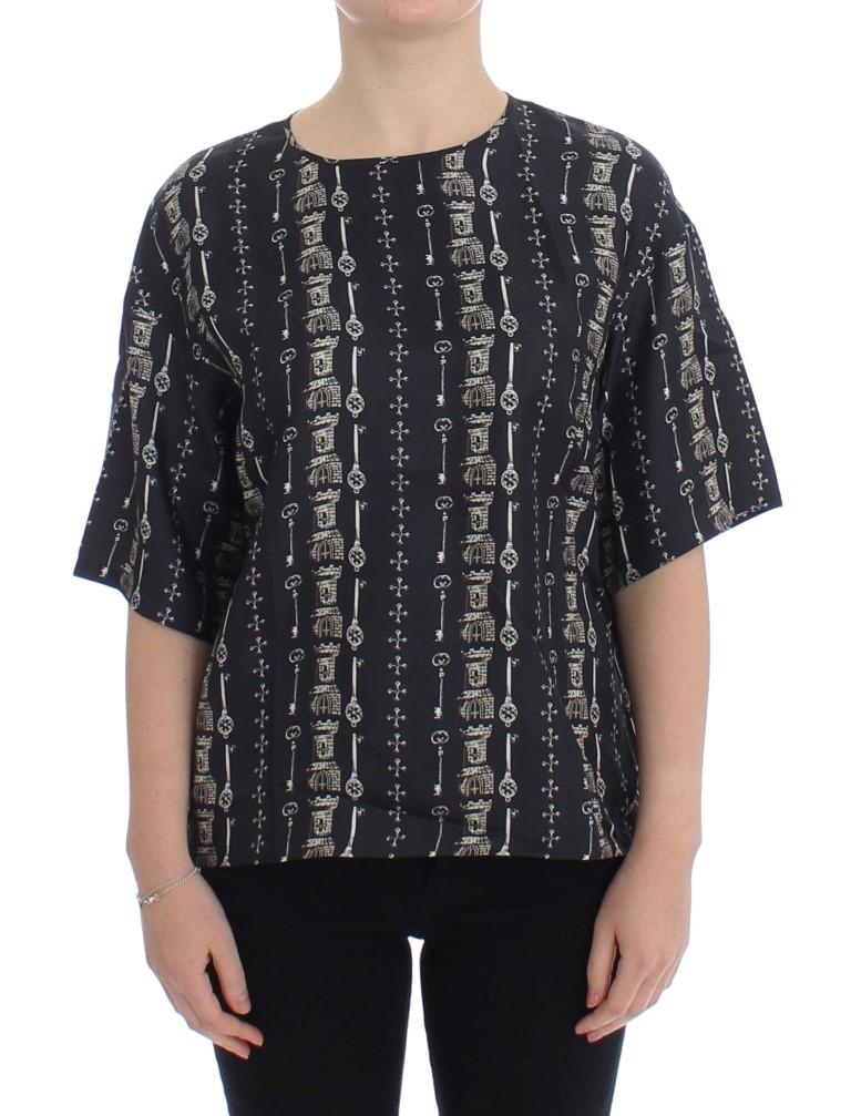 Blue Key Castle Print Silk Blouse T-shirt