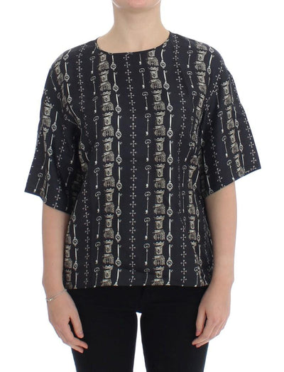 Blue Key Castle Print Silk Blouse T-shirt