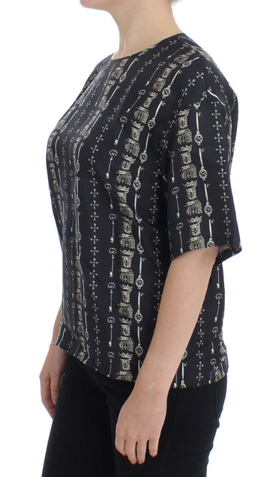 Blue Key Castle Print Silk Blouse T-shirt