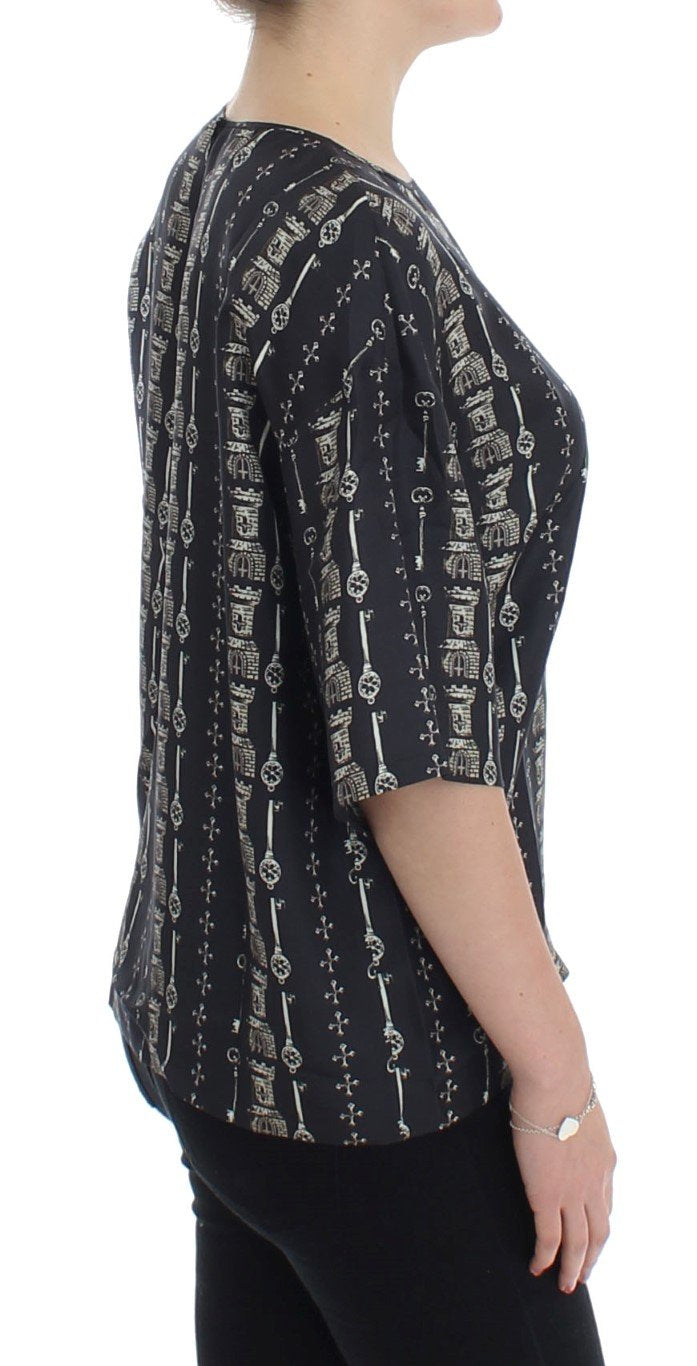 Blue Key Castle Print Silk Blouse T-shirt