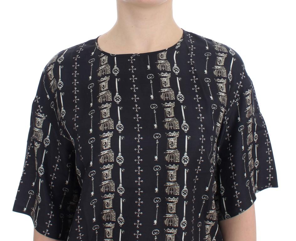 Blue Key Castle Print Silk Blouse T-shirt