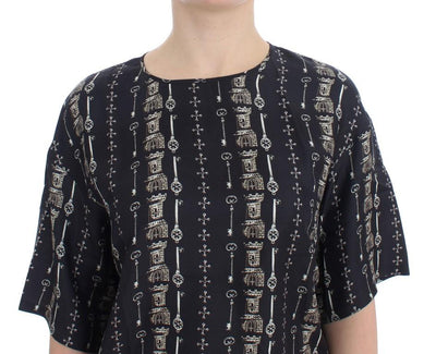Blue Key Castle Print Silk Blouse T-shirt