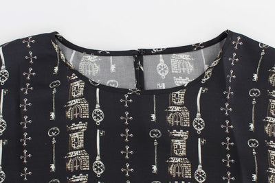 Blue Key Castle Print Silk Blouse T-shirt