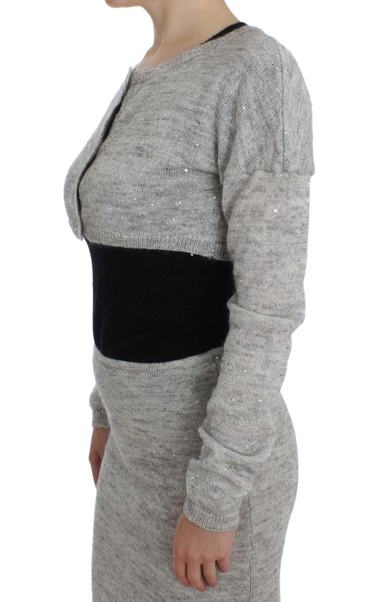 Gray Cropped Knitted Cardigan Sweater