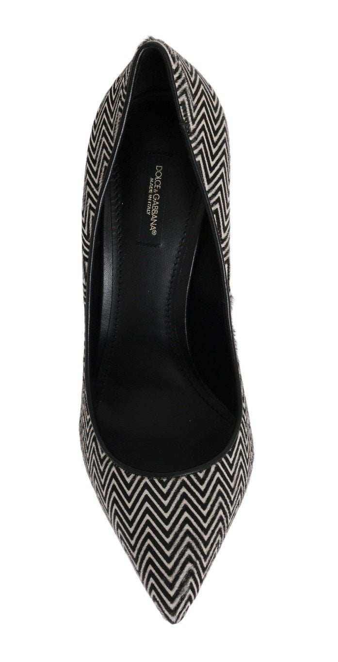 Black White Zigzag Pony Hair Leather Pumps