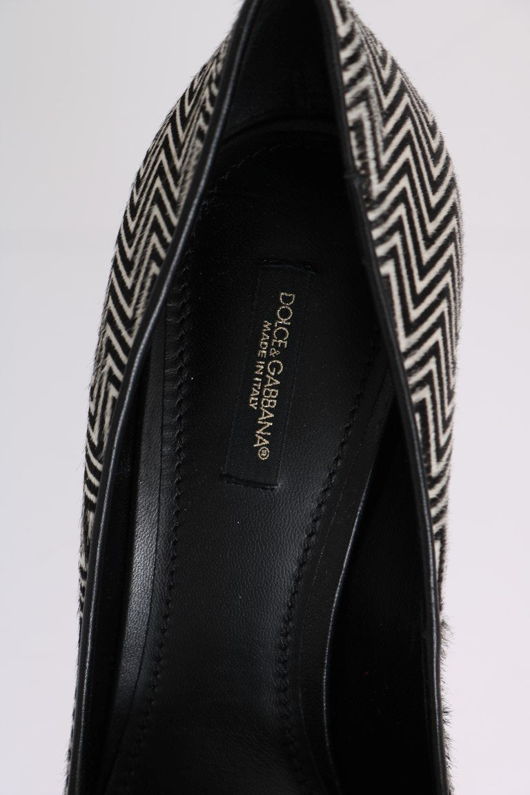 Black White Zigzag Pony Hair Leather Pumps