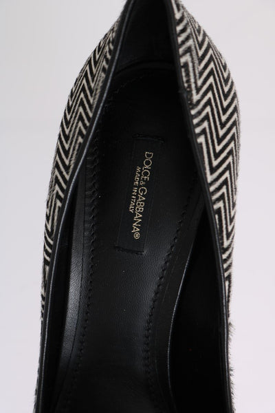 Black White Zigzag Pony Hair Leather Pumps