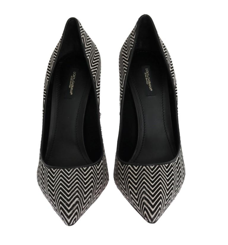 Black White Zigzag Pony Hair Leather Pumps
