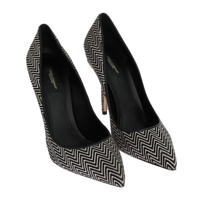Black White Zigzag Pony Hair Leather Pumps