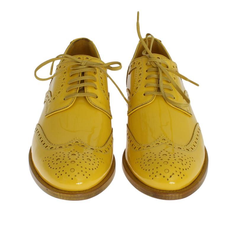 Yellow Leather Oxford Broques Flats Shoes