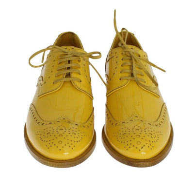 Yellow Leather Oxford Broques Flats Shoes
