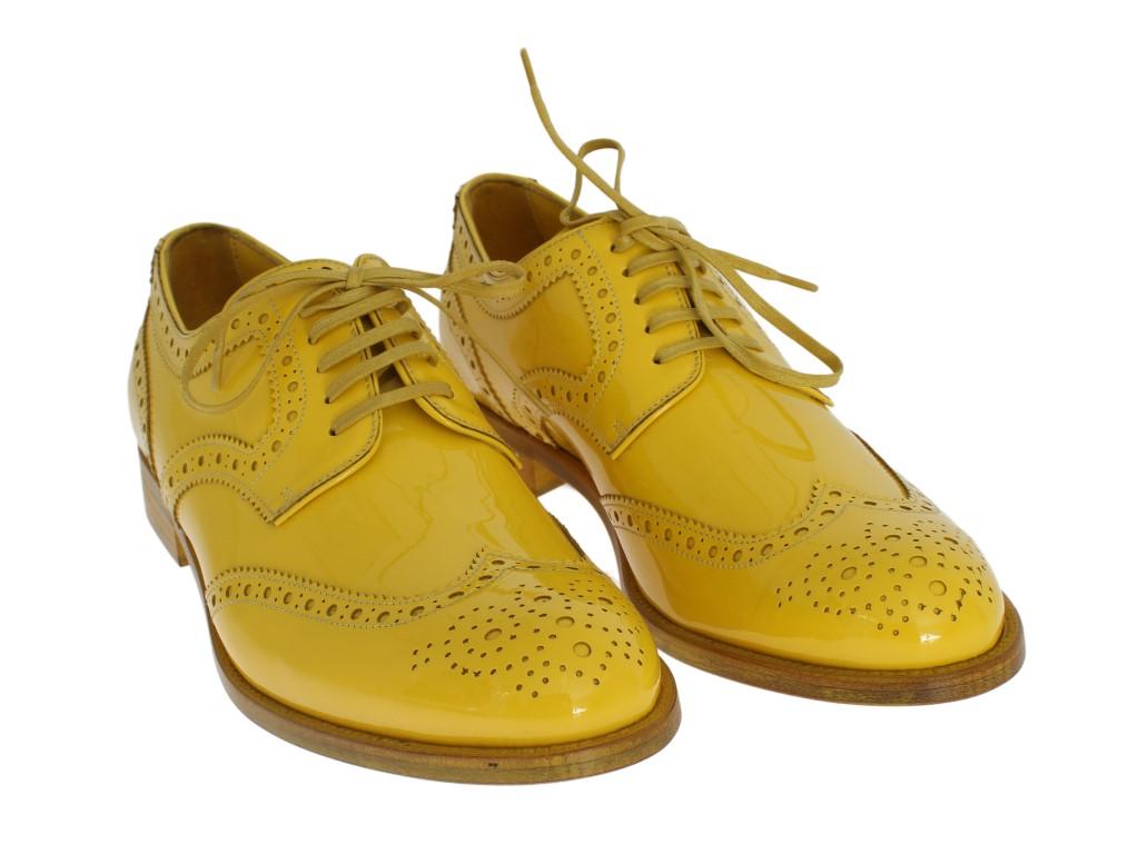 Yellow Leather Oxford Broques Flats Shoes