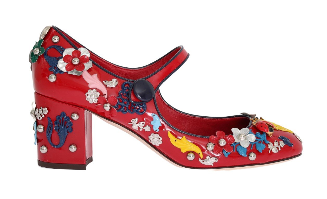 Red Floral Leather Mary Janes Pumps