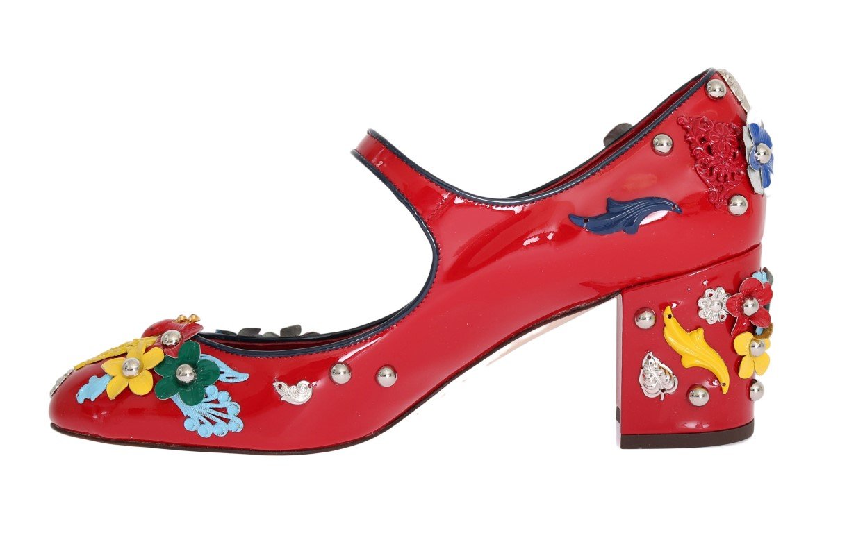 Red Floral Leather Mary Janes Pumps