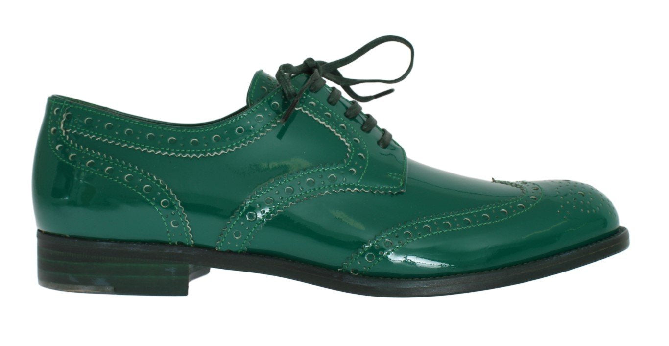 Green Leather Oxford Broques Flats Shoes