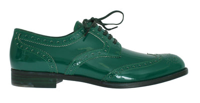 Green Leather Oxford Broques Flats Shoes