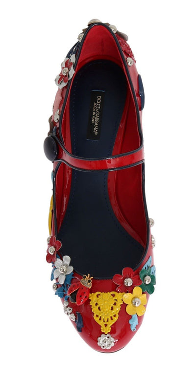 Red Floral Leather Mary Janes Pumps