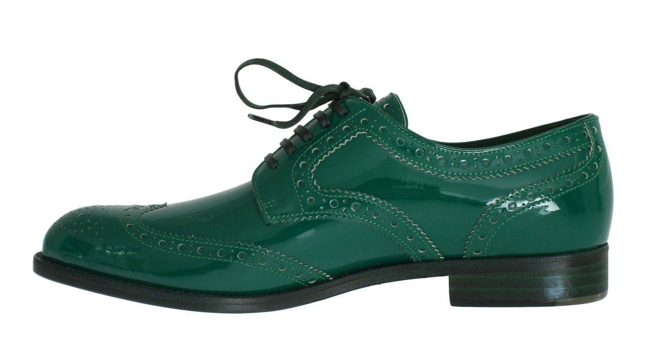 Green Leather Oxford Broques Flats Shoes