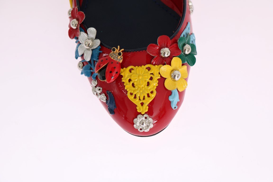Red Floral Leather Mary Janes Pumps