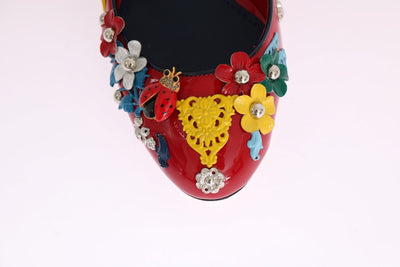 Red Floral Leather Mary Janes Pumps