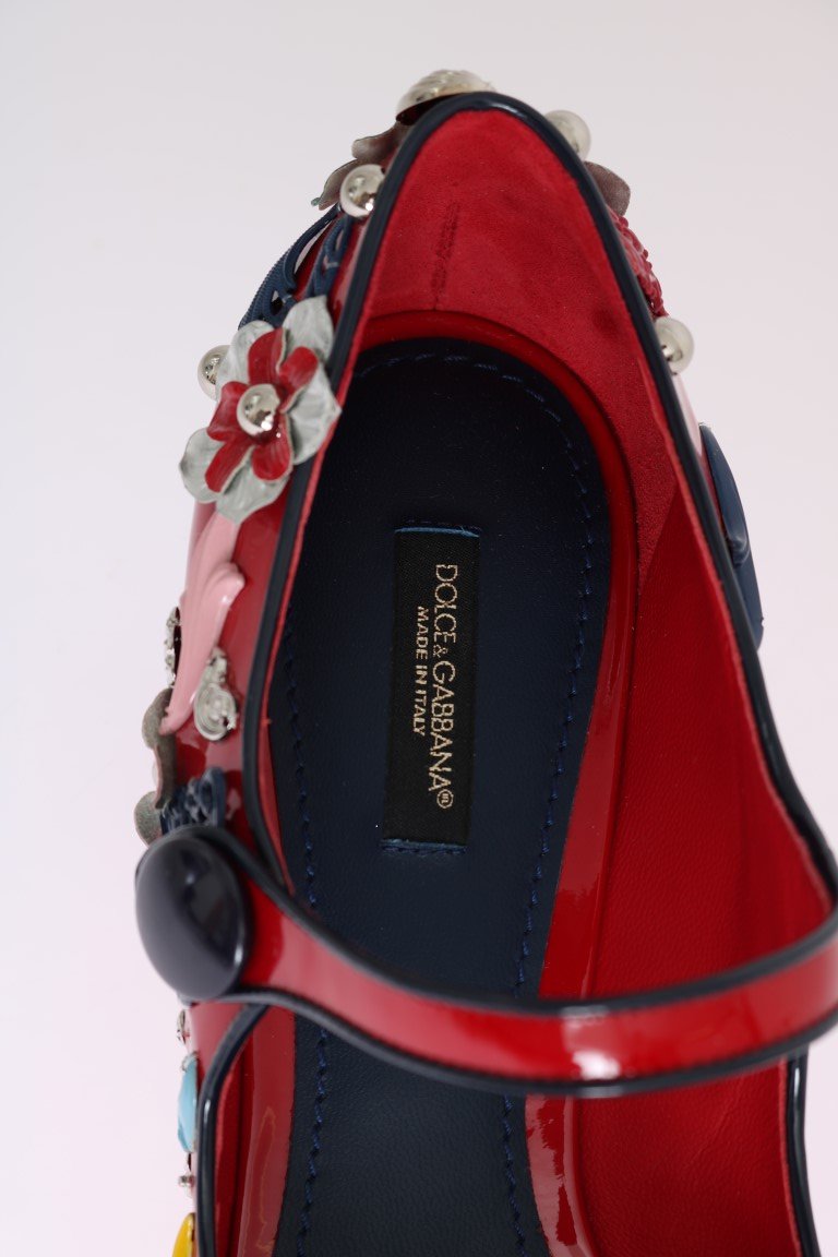 Red Floral Leather Mary Janes Pumps