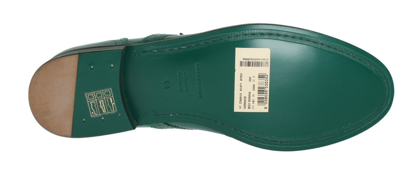 Green Leather Oxford Broques Flats Shoes
