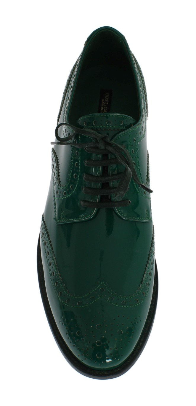 Green Leather Oxford Broques Flats Shoes