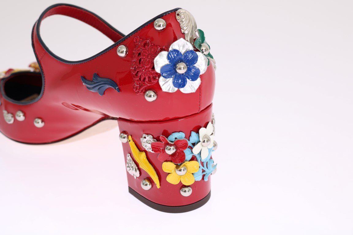 Red Floral Leather Mary Janes Pumps